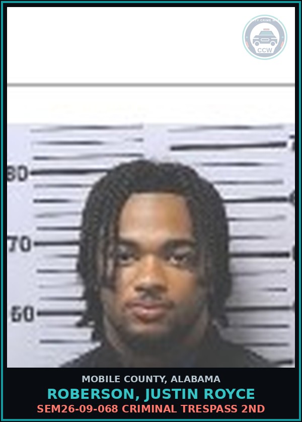 Booking mugshot of ROBERSON, JUSTIN ROYCE in Mobile County