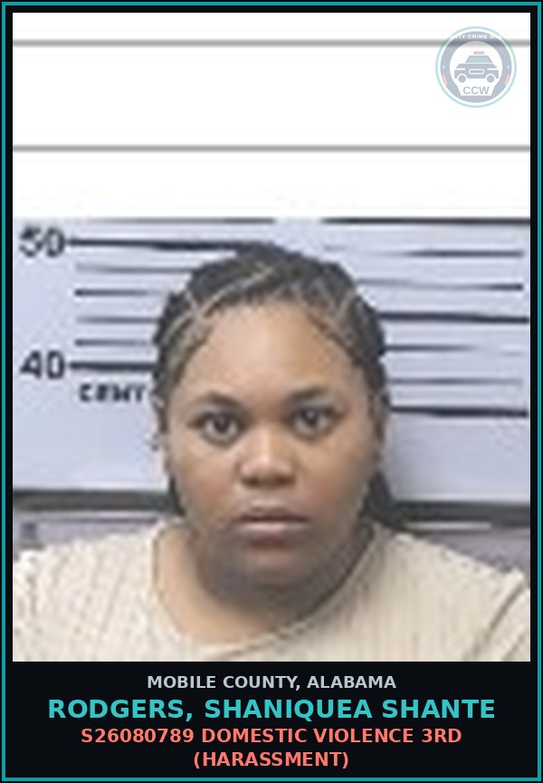 Booking mugshot of RODGERS, SHANIQUEA SHANTE in Mobile County