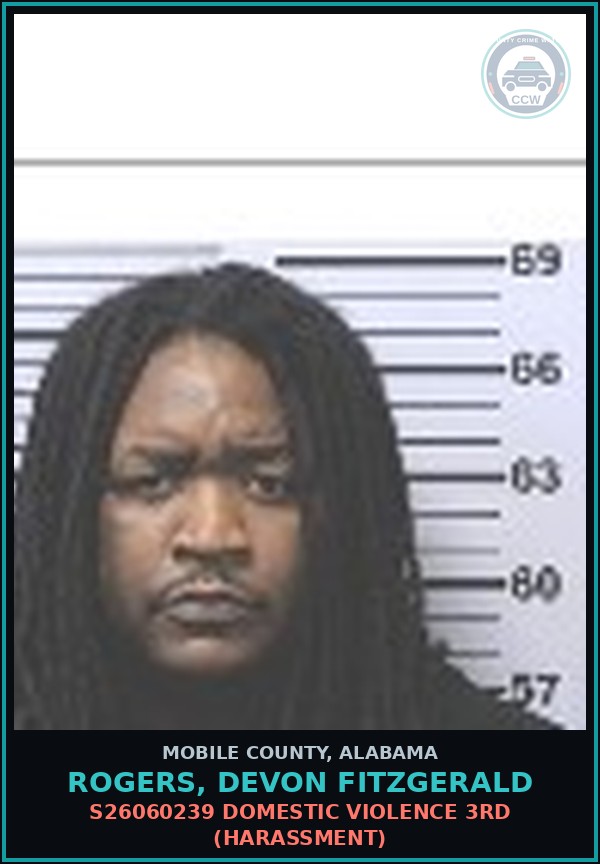 Booking mugshot of ROGERS, DEVON FITZGERALD in Mobile County
