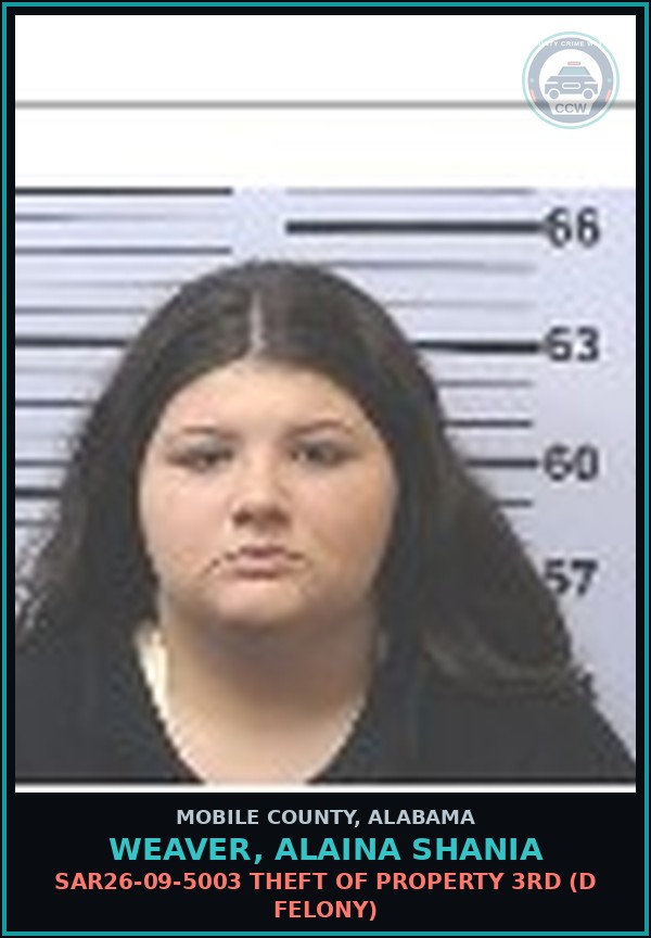 Booking mugshot of WEAVER, ALAINA SHANIA in Mobile County