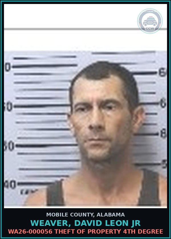 Booking mugshot of WEAVER, DAVID LEON JR in Mobile County