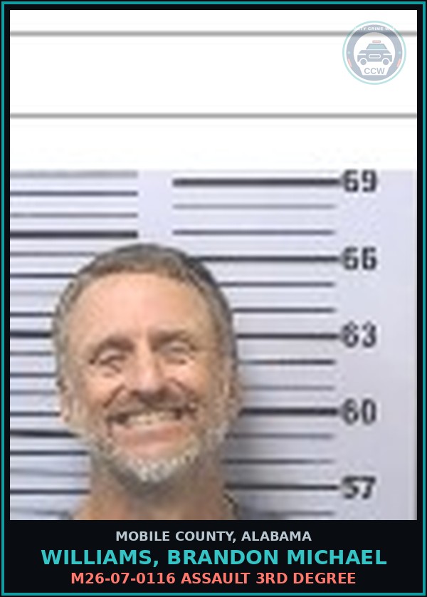 Booking mugshot of WILLIAMS, BRANDON MICHAEL in Mobile County