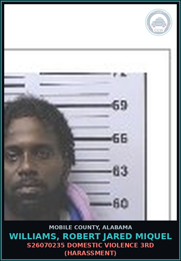 Booking mugshot of WILLIAMS, ROBERT JARED MIQUEL in Mobile County