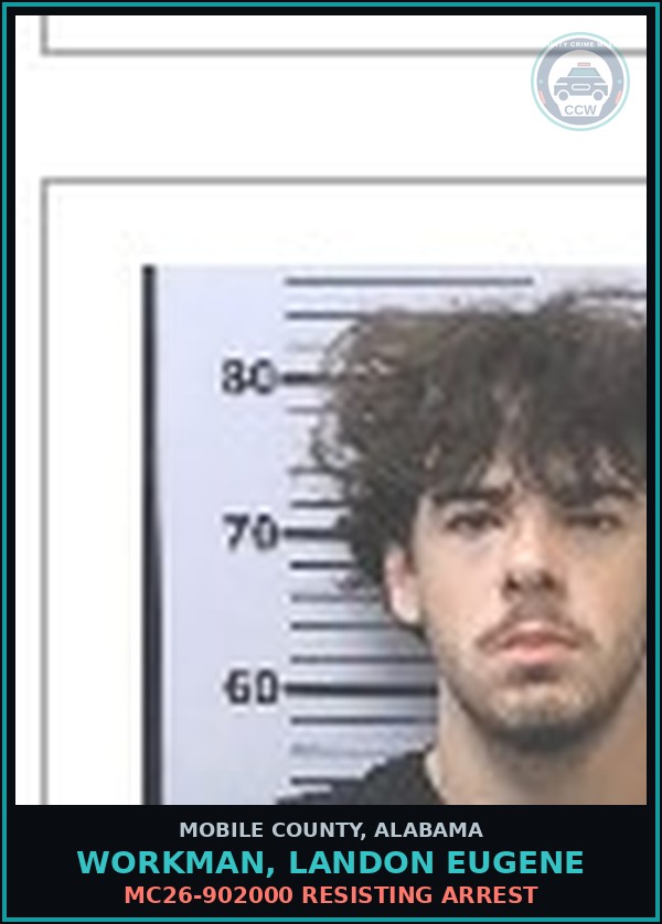 Booking mugshot of WORKMAN, LANDON EUGENE in Mobile County