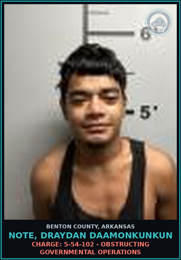 Booking mugshot of Note, Draydan Daamonkunkun in Benton County
