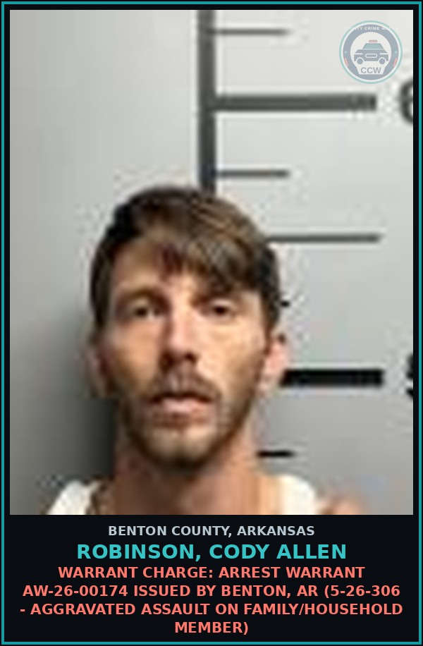 Booking mugshot of Robinson, Cody Allen in Benton County