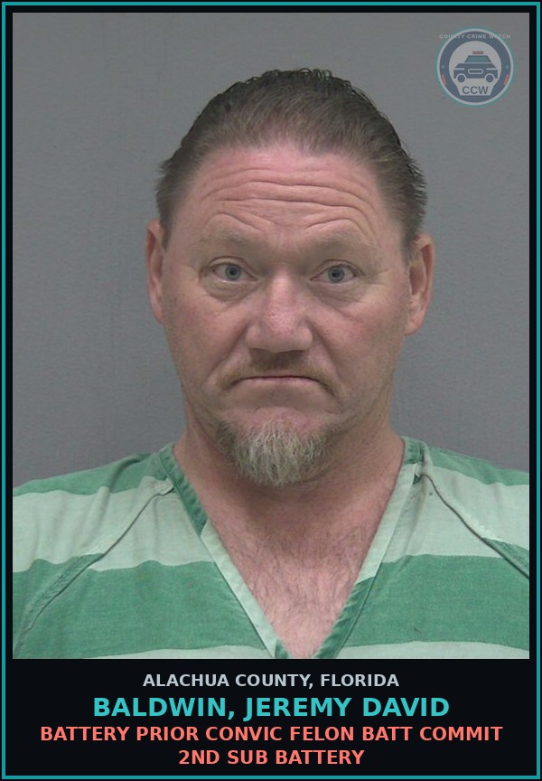 Booking mugshot of BALDWIN, JEREMY DAVID in Alachua County