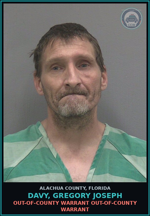 Booking mugshot of DAVY, GREGORY JOSEPH in Alachua County