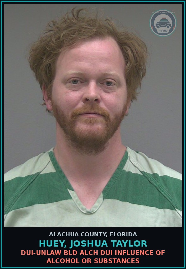 Booking mugshot of HUEY, JOSHUA TAYLOR in Alachua County