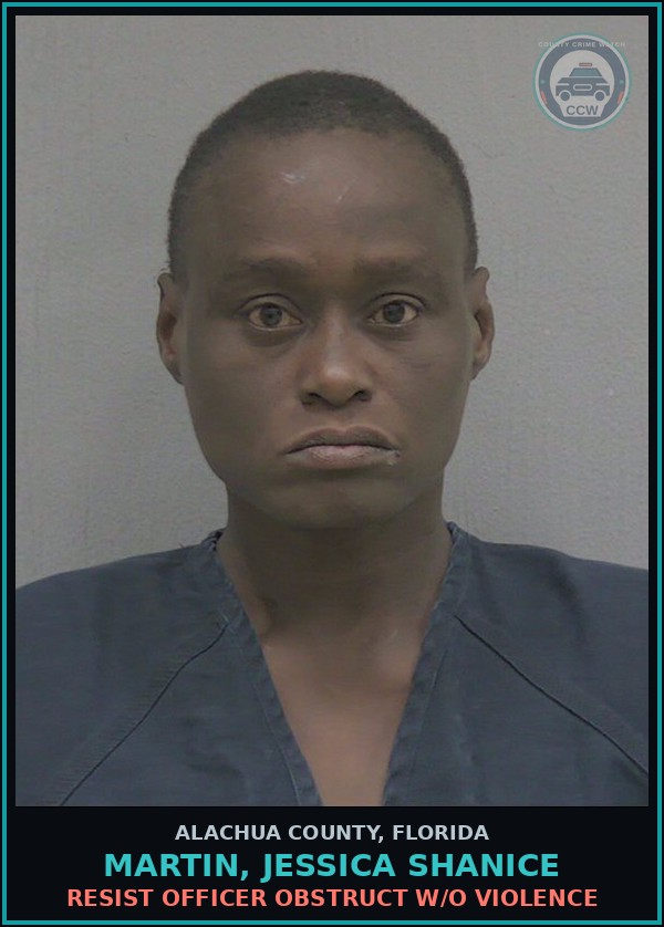 Booking mugshot of MARTIN, JESSICA SHANICE in Alachua County