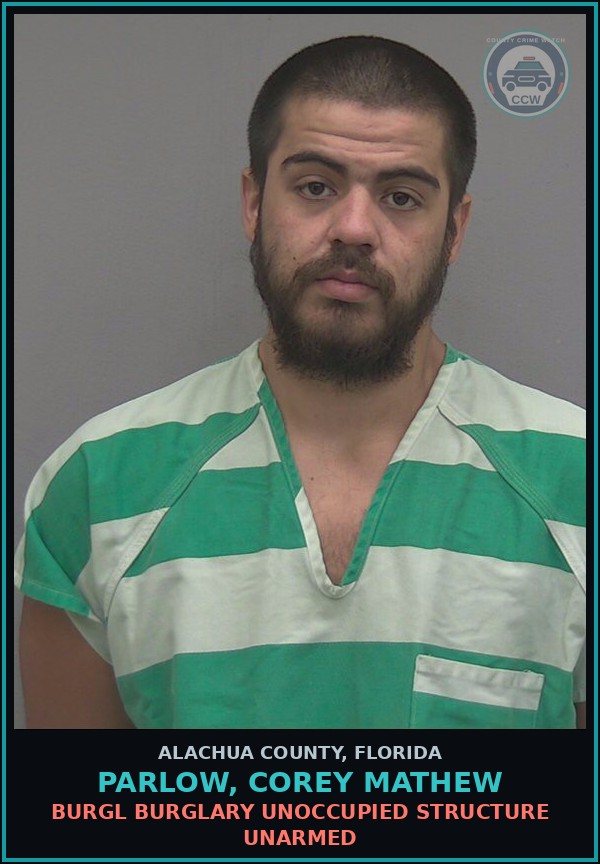 Booking mugshot of PARLOW, COREY MATHEW in Alachua County