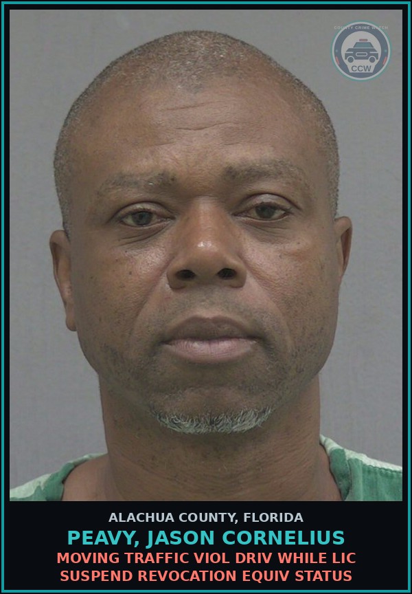 Booking mugshot of PEAVY, JASON CORNELIUS in Alachua County