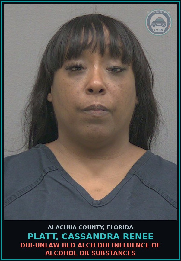 Booking mugshot of PLATT, CASSANDRA RENEE in Alachua County