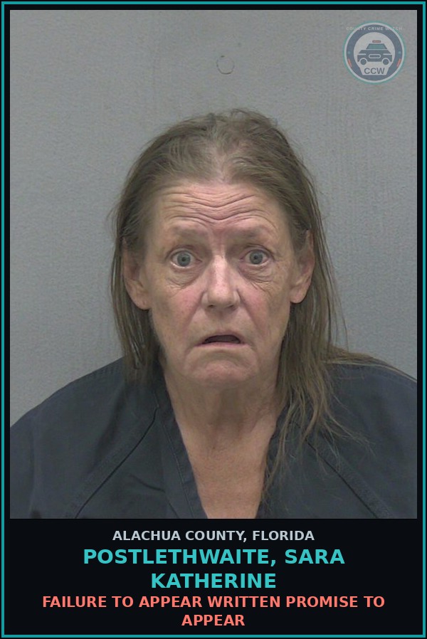 Booking mugshot of POSTLETHWAITE, SARA KATHERINE in Alachua County