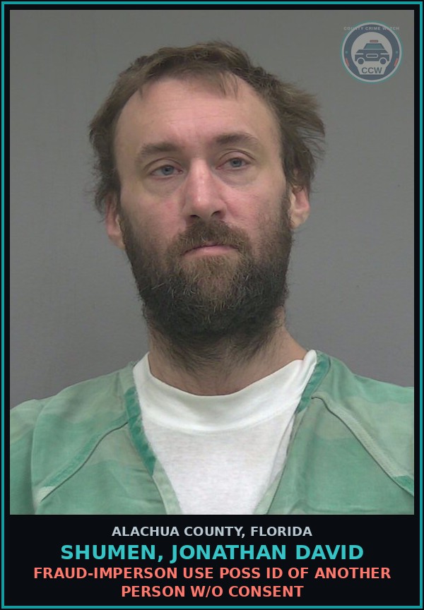 Booking mugshot of SHUMEN, JONATHAN DAVID in Alachua County
