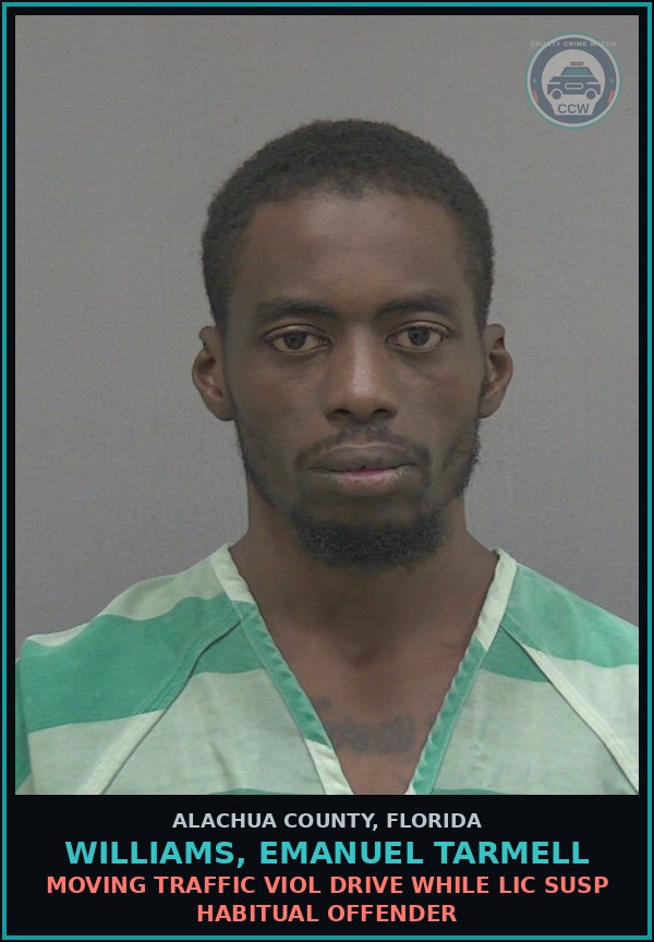 Booking mugshot of WILLIAMS, EMANUEL TARMELL in Alachua County