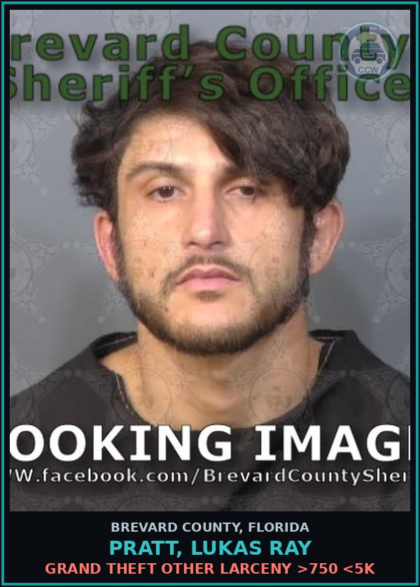 Booking mugshot of Pratt, Lukas Ray in Brevard County