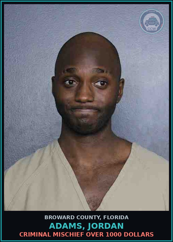 Booking mugshot of ADAMS, JORDAN in Broward County