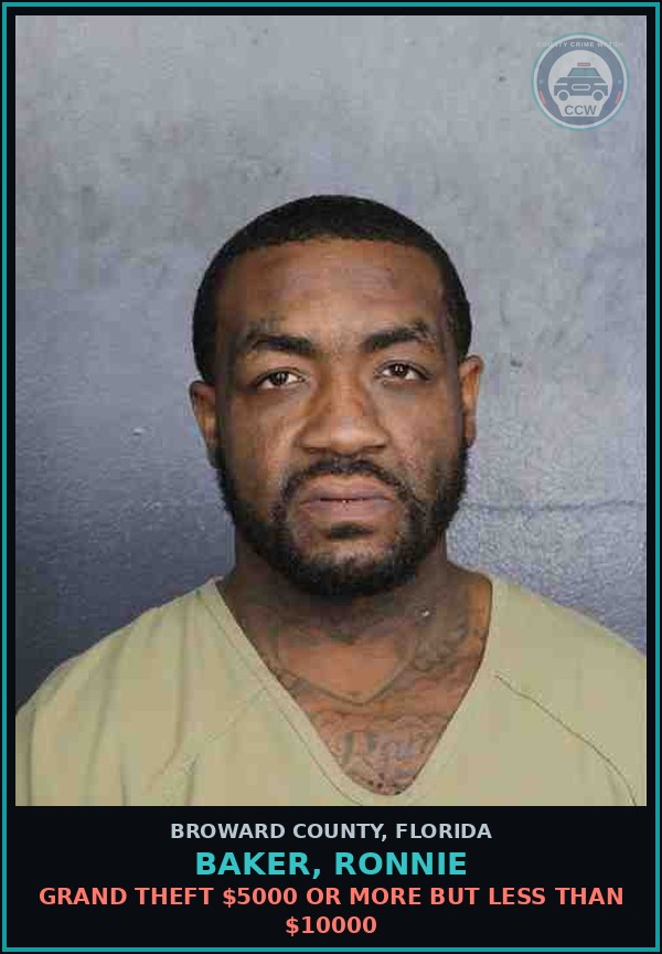 Booking mugshot of BAKER, RONNIE in Broward County