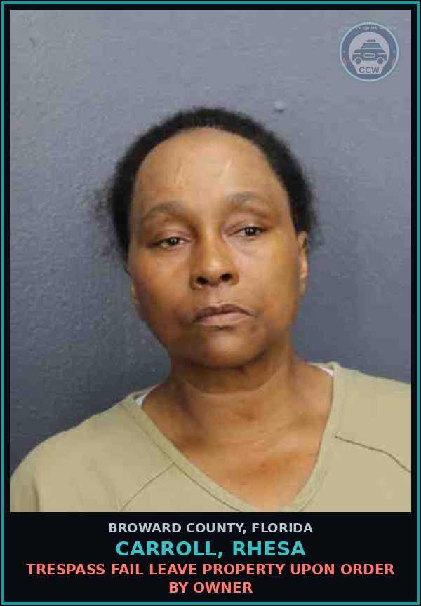 Booking mugshot of CARROLL, RHESA in Broward County