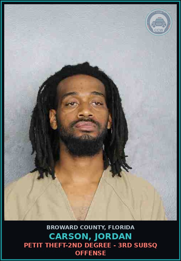 Booking mugshot of CARSON, JORDAN in Broward County