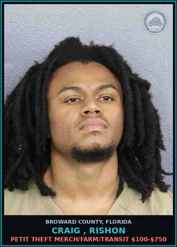 Booking mugshot of CRAIG , RISHON in Broward County