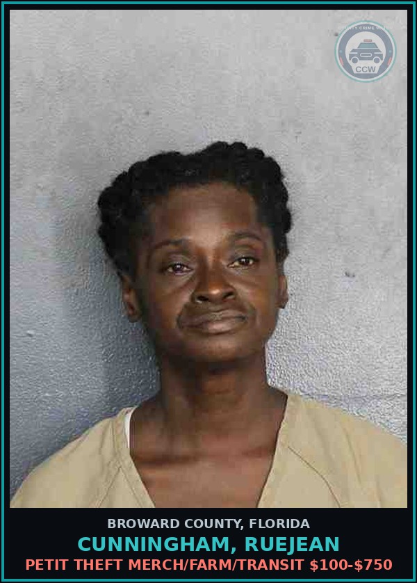 Booking mugshot of CUNNINGHAM, RUEJEAN in Broward County