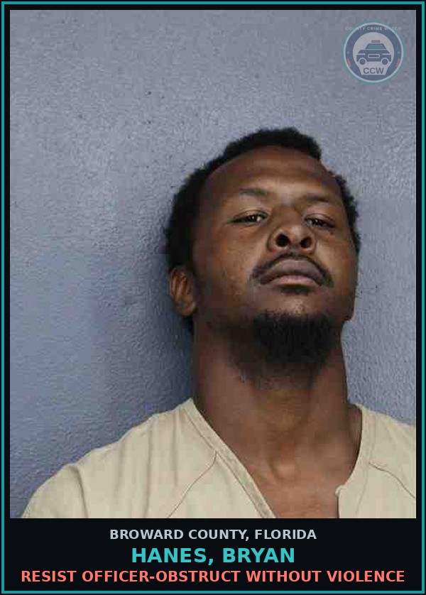 Booking mugshot of HANES, BRYAN in Broward County
