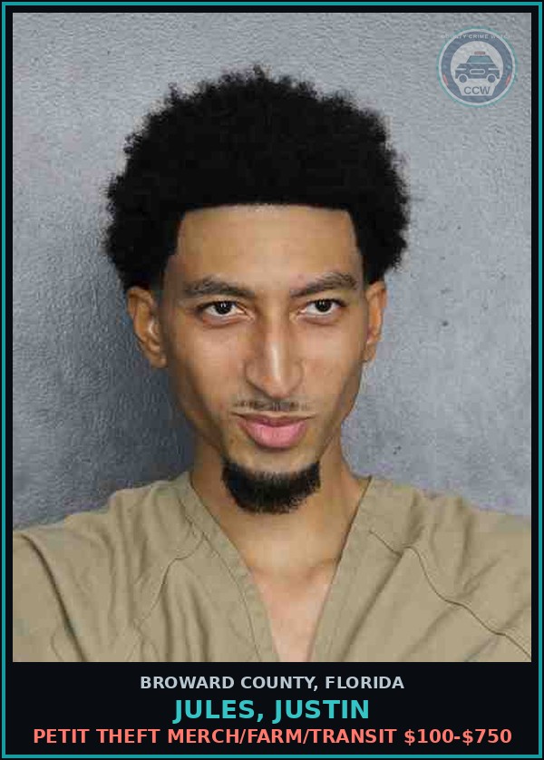 Booking mugshot of JULES, JUSTIN in Broward County
