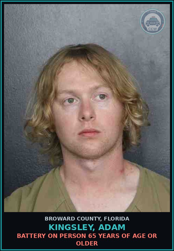 Booking mugshot of KINGSLEY, ADAM in Broward County