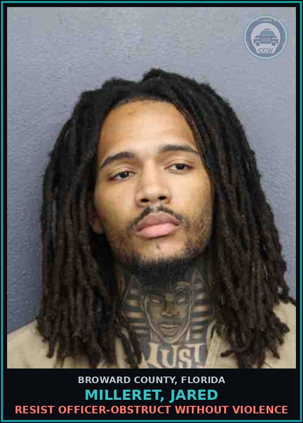Booking mugshot of MILLERET, JARED in Broward County