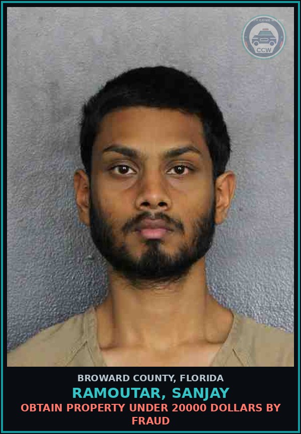 Booking mugshot of RAMOUTAR, SANJAY in Broward County