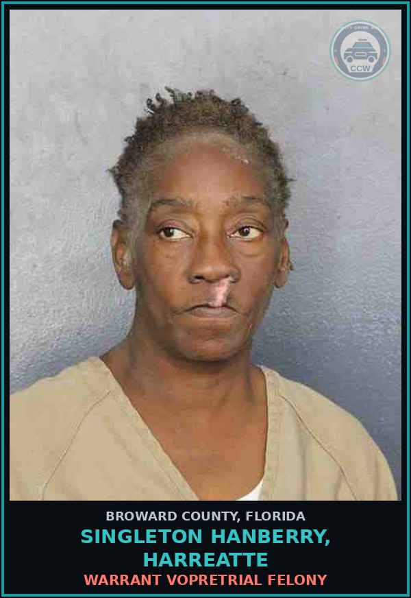 Booking mugshot of SINGLETON HANBERRY, HARREATTE in Broward County