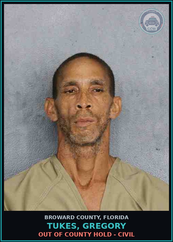 Booking mugshot of TUKES, GREGORY in Broward County