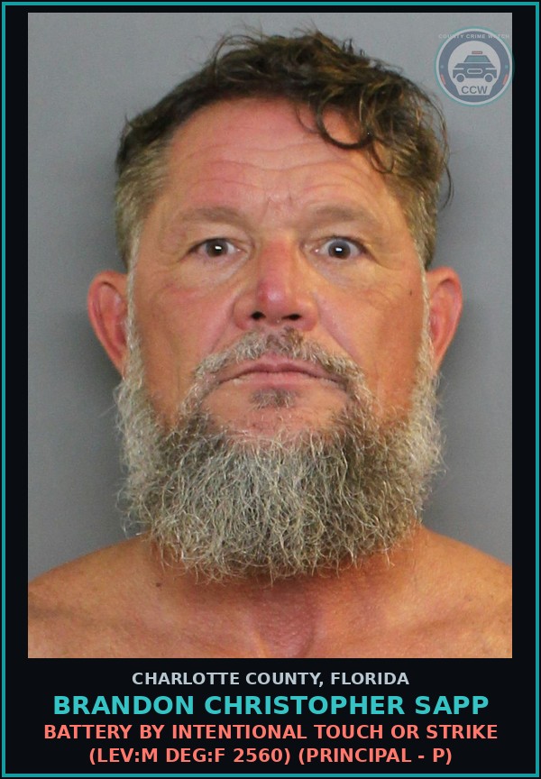 Booking mugshot of BRANDON CHRISTOPHER SAPP in Charlotte County