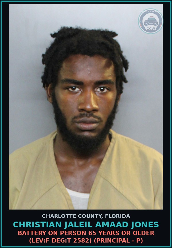 Booking mugshot of CHRISTIAN JALEIL AMAAD JONES in Charlotte County