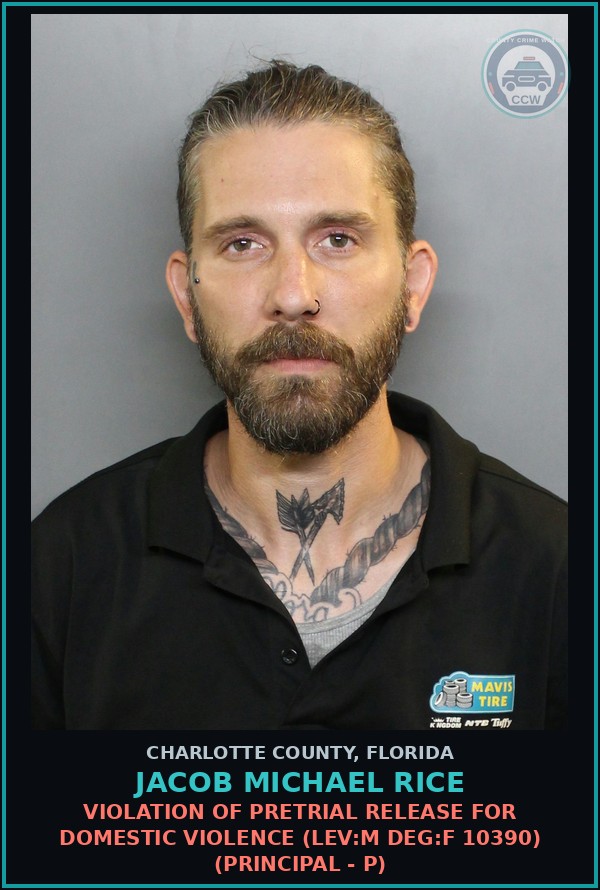 Booking mugshot of JACOB MICHAEL RICE in Charlotte County