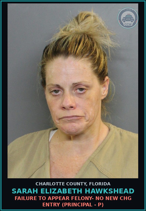 Booking mugshot of SARAH ELIZABETH HAWKSHEAD in Charlotte County