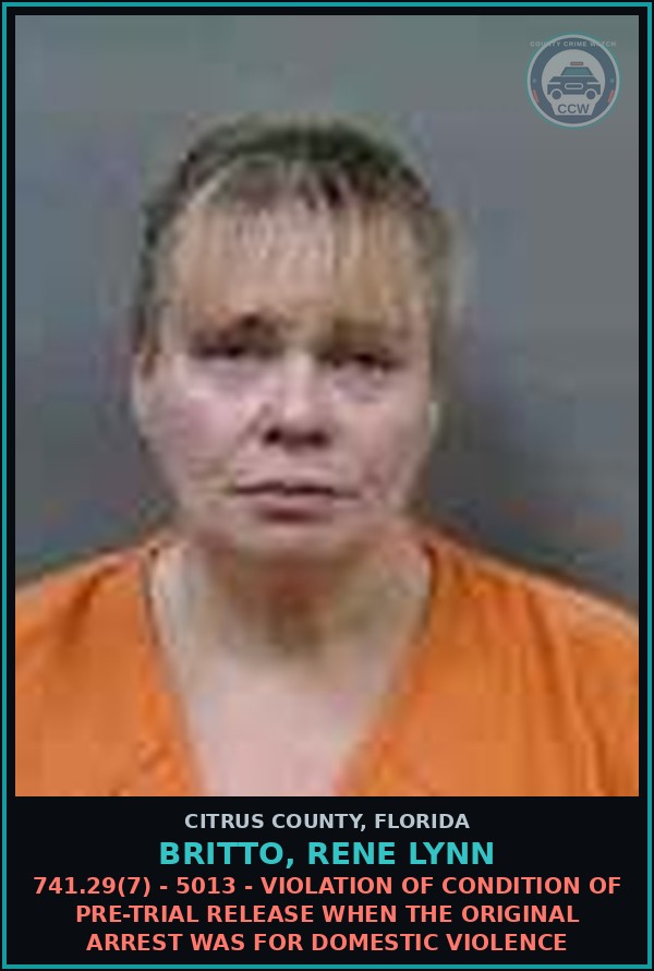 Booking mugshot of BRITTO, RENE LYNN in Citrus County