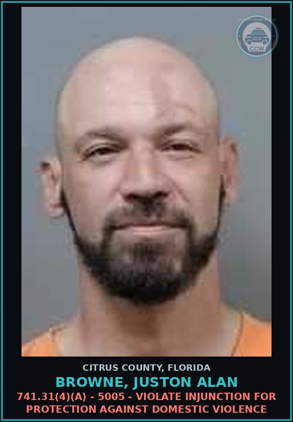 Booking mugshot of Browne, Juston Alan in Citrus County