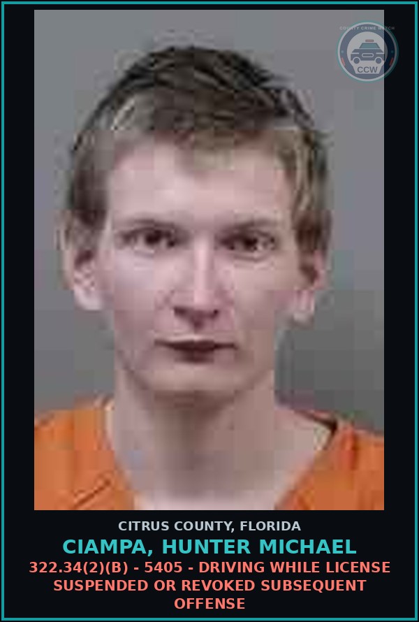 Booking mugshot of CIAMPA, HUNTER MICHAEL in Citrus County