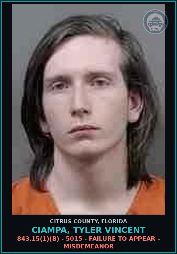 Booking mugshot of CIAMPA, TYLER VINCENT in Citrus County