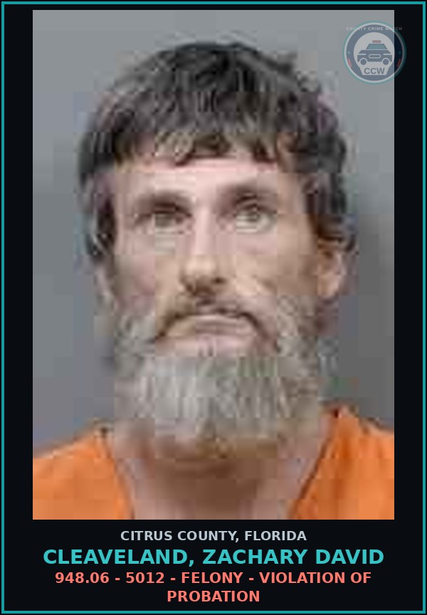 Booking mugshot of Cleaveland, Zachary David in Citrus County