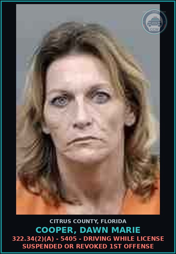 Booking mugshot of COOPER, DAWN MARIE in Citrus County