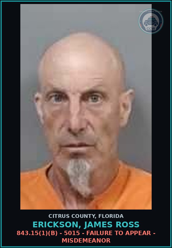 Booking mugshot of ERICKSON, JAMES ROSS in Citrus County