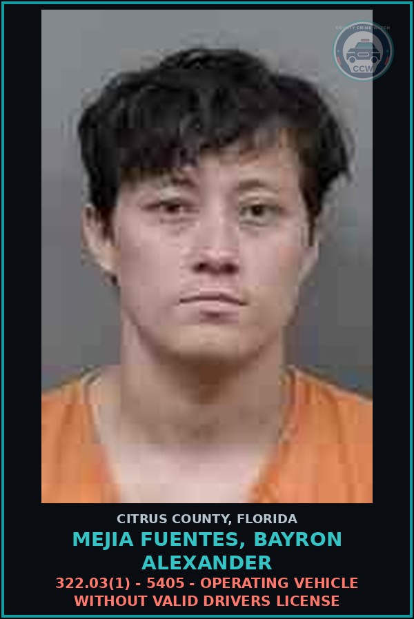 Booking mugshot of Mejia Fuentes, Bayron Alexander in Citrus County