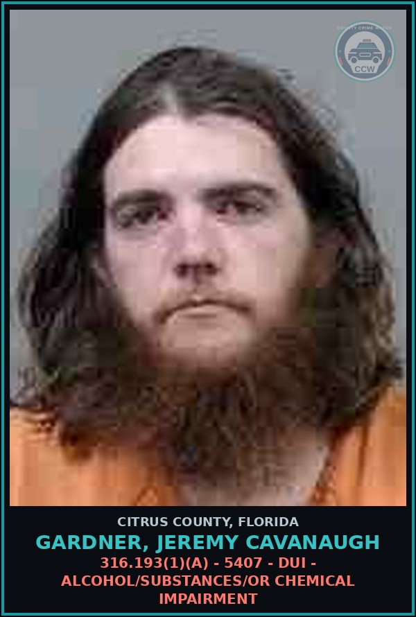 Booking mugshot of Gardner, Jeremy Cavanaugh in Citrus County