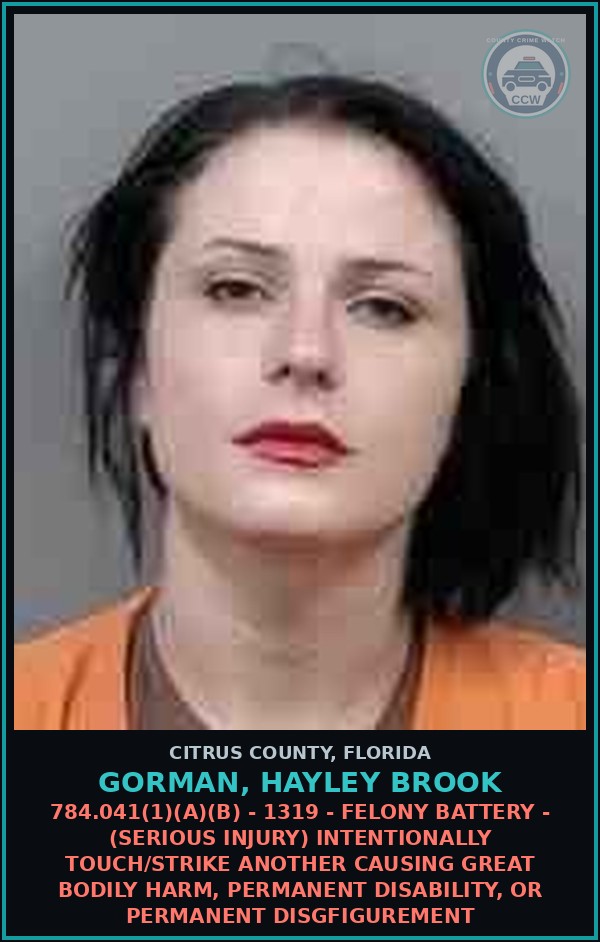 Booking mugshot of GORMAN, HAYLEY BROOK in Citrus County
