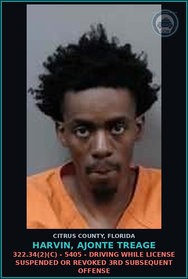 Booking mugshot of Harvin, Ajonte Treage in Citrus County