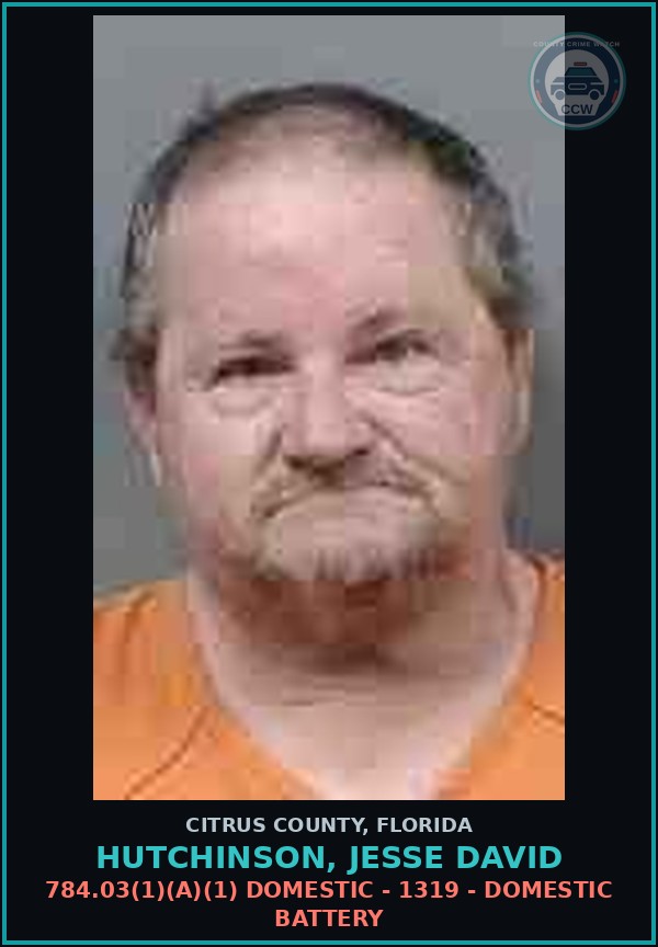 Booking mugshot of HUTCHINSON, JESSE DAVID in Citrus County